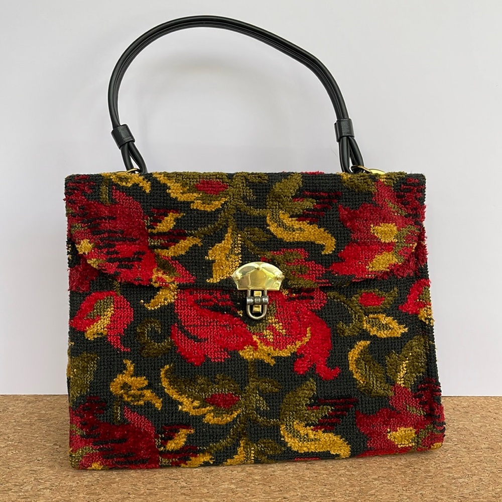 Vintage Floral Tapestry Handbag Purse Single Strap MCM Black Red Gold Fall